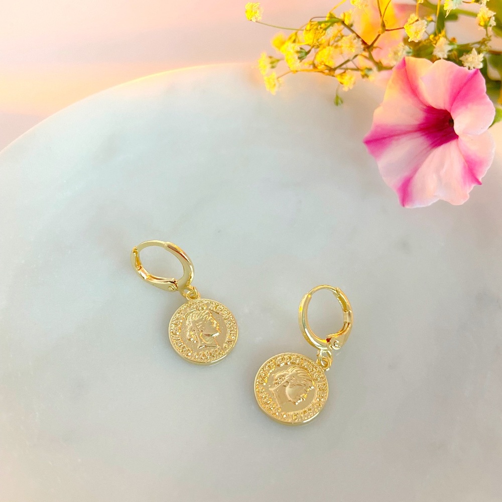 Gold Plated Coin Huggie Earrings